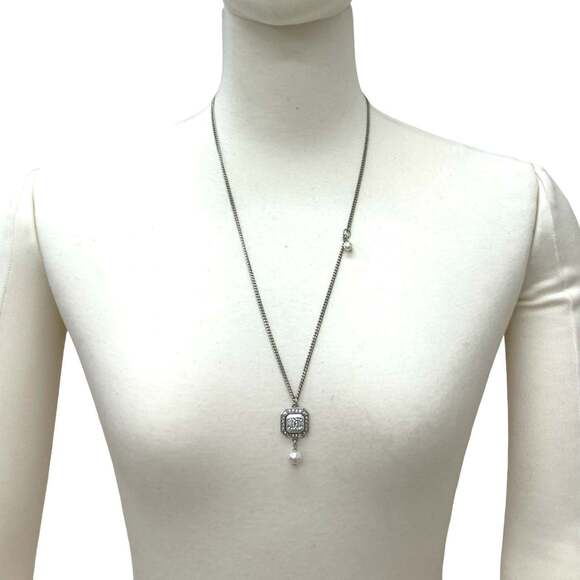 CHANEL Coco Mark Metal Rhinestone and Faux Pearl Necklace Pendant in Silver 0...